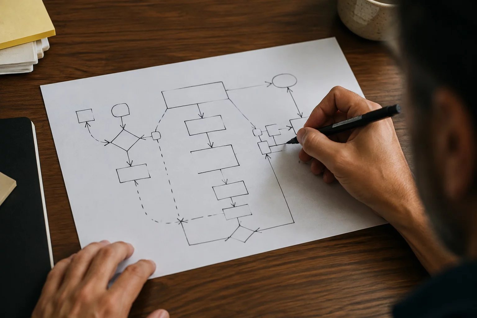Vista de cima de uma mesa com um diagrama de lógica desenhado à mão