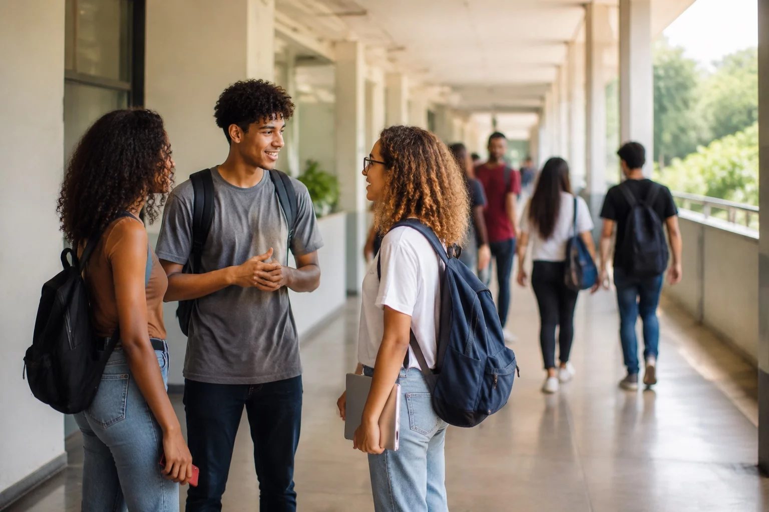 Estudantes com mochilas conversando no corredor de uma universidade