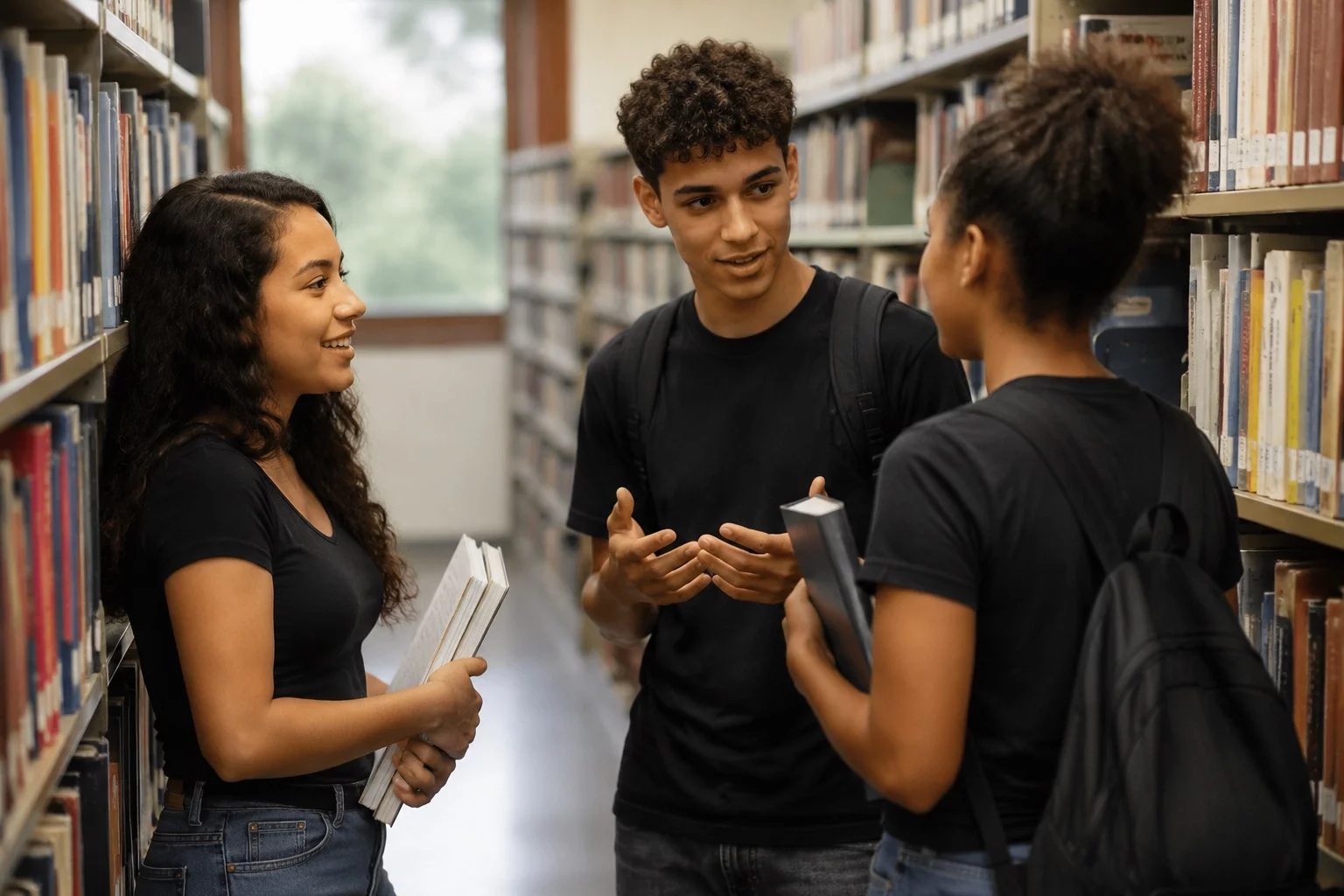 Estudantes conversando em pé entre as estantes de uma biblioteca