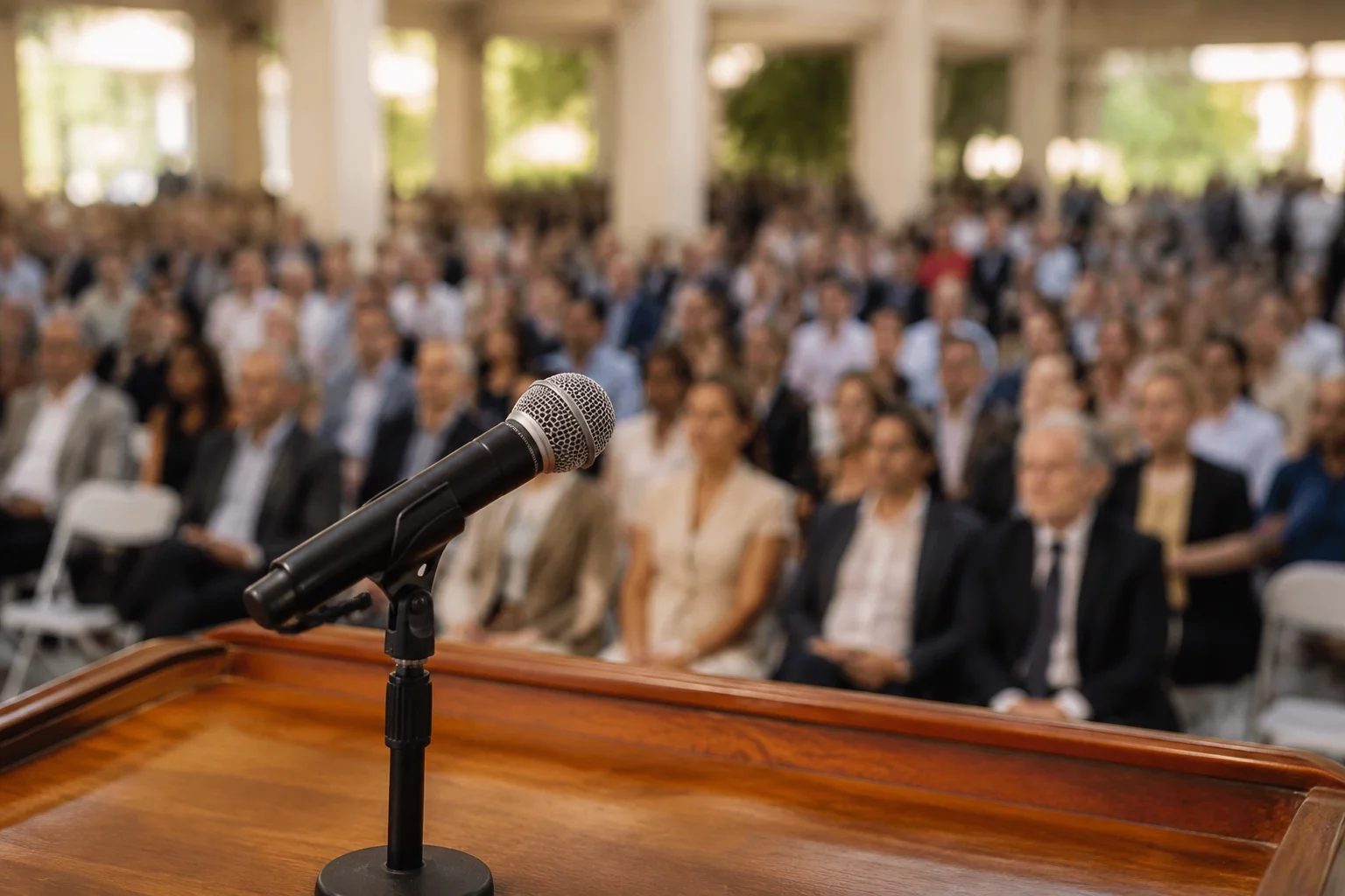 Microfone sobre uma tribuna, com a plateia sentada desfocada ao fundo