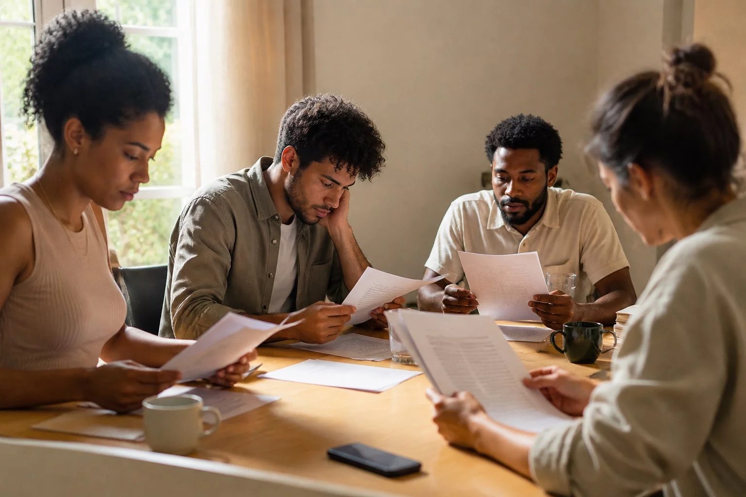 Grupo pequeno lendo páginas impressas de argumentos ao redor de uma mesa