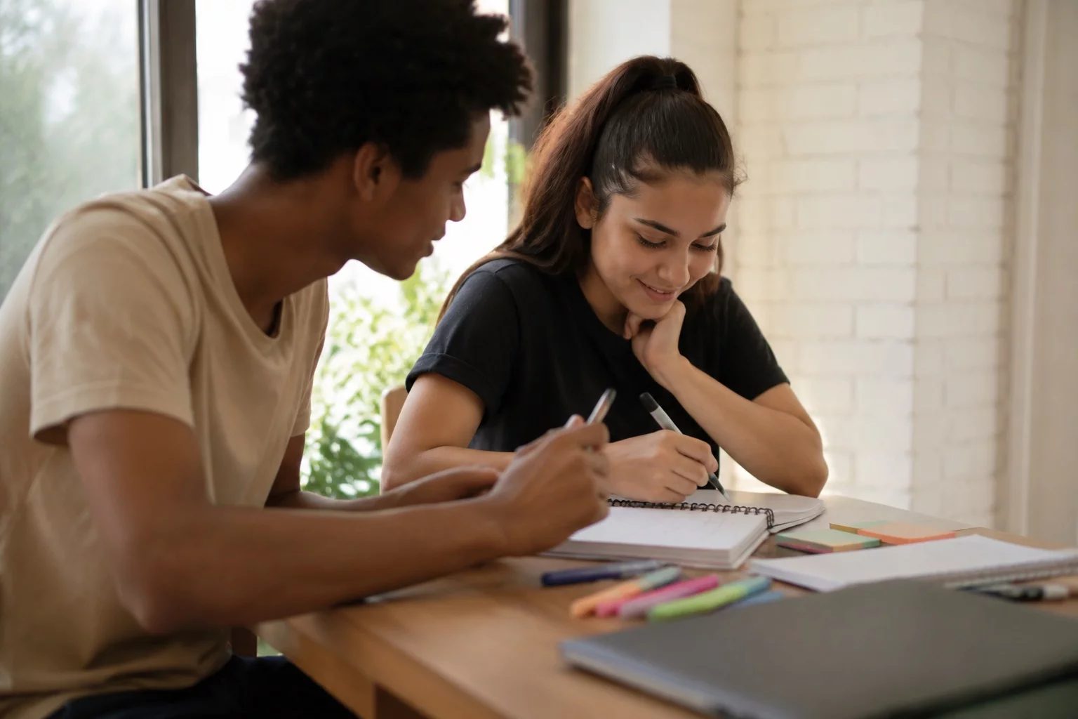 Dois estudantes preparando um debate com cadernos e marcadores